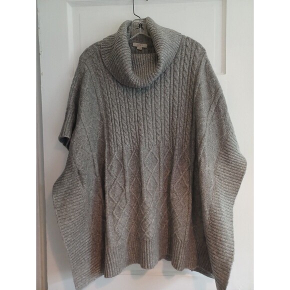 LOFT gray cable knit poncho sweater M/L oversize cowlneck sleeveless cozy - Picture 1 of 11